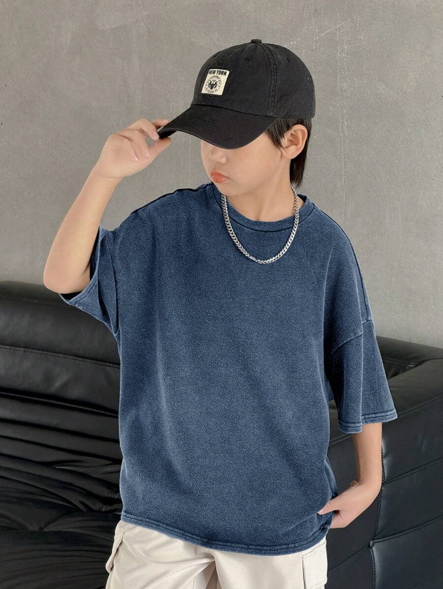 SHEIN 青少年男孩休闲韩版水洗色超大宽松圆领短袖针织 T 恤,适合学校、花园、海滩、生日派对、春季、夏季、秋季、冬季 - 藍色 - 查看 1