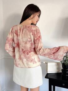 DAZY Blusa casual con maniche a campana e stampa floreale strutturata, adatta per primavera ed estate, top a maniche lunghe e trasparenti per donne, ideale per vacanze e Pasqua - Rosa - Visualizzare 2