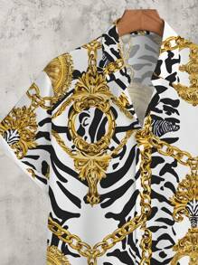 Manfinity Homme 金链、金怀表、斑马纹时尚休闲全身图案印花修身男式短袖衬衫 - 彩色 - 查看 3