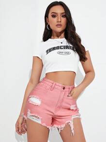 SHEIN EZwear Quần short denim tua rua giản dị - Hồng - Xem 5