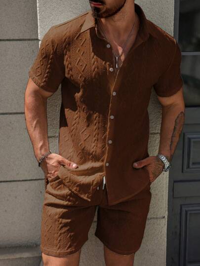 Manfinity CasualCool 2 件男士短袖单排扣衬衫和短裤套装男士衬衫套装男士衬衫套装，男士棕色套装，男士 2 件套棕色套装，男士两件套棕色，男士棕色套装