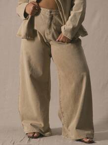 MUSERA Plus Washed Denim Wide Leg Jeans Spring, Vacation, Summer, Holiday, Elegant   Winter - Khaki - View 2