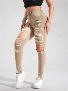 Casual Distressed Slim-Fit Denim Jeans - Khaki - View 4