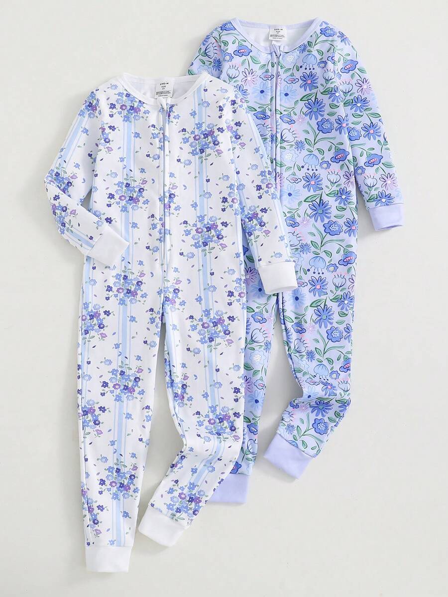 2 件装少女简约花卉印花白色和蓝色拉链连体衣睡衣套装，柔软舒适，适合居家和睡衣 - 淺藍色 - 查看 1