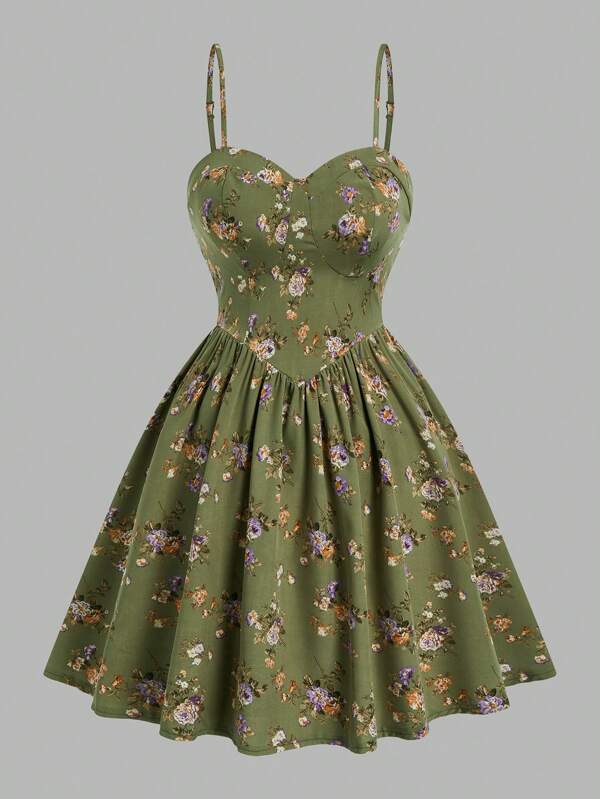 Sweetra Plus Size Summer Elegant Floral Print Elastic Waist Sleeveless Dress