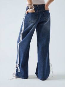 LYSMO Cowboy For Women Summer Blue Woven Side Stripe Pocket Straight Leg Jeans - Blue - View 2
