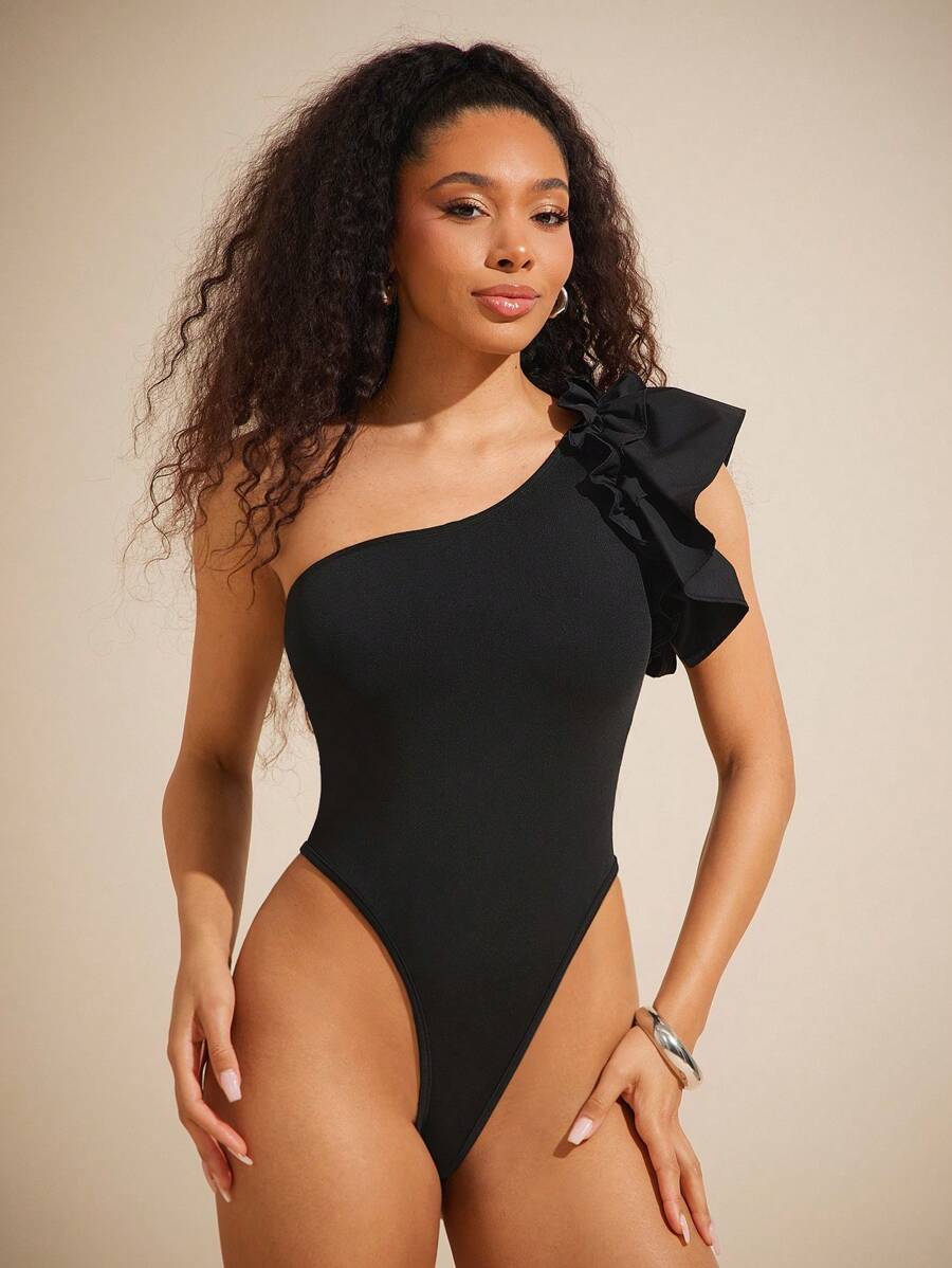 Vixey Casual One Shoulder Ruffle Knit Bodysuit, Spring Outfits, Summer Outfits For Women, Easter Outfits - Black - View 1