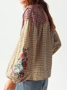 Bohemela 休闲格子 V 领拼接长袖宽松女式衬衫 - 彩色 - 查看 5