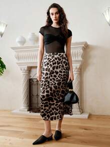 Uhlyne 女士缎面豹纹收腰 A 字裙，休闲优雅 - 彩色 - 查看 8