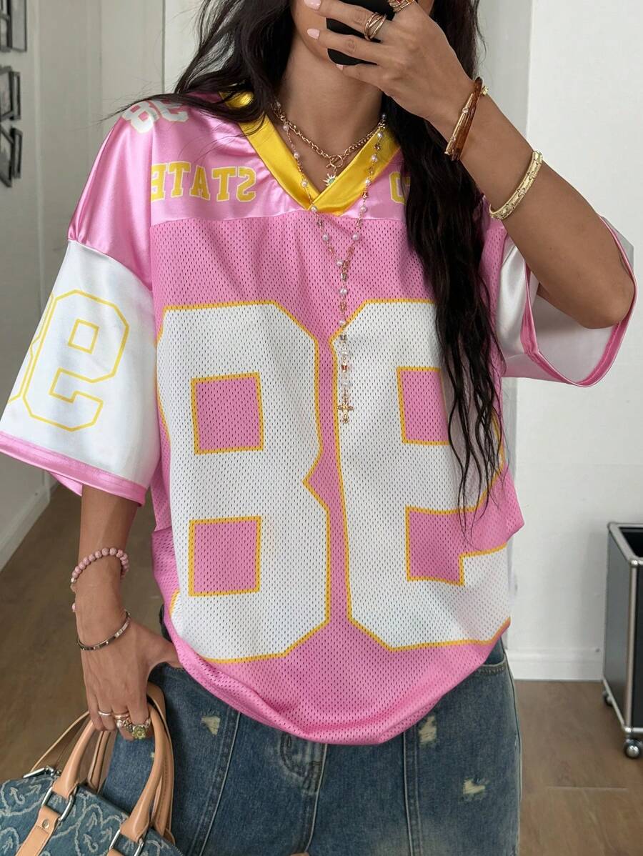 Coolane Damska letnia koszulka uliczna z nadrukiem w kształcie litery "break" i napisem "ball oversize" z błyszczącym dekoltem w serek, różowa, z nadrukiem koncertowym