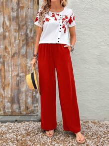 EMERY ROSE Bộ đồ hai mảnh in hoa cổ tròn tay ngắn màu trơn dành cho nữ và quần ống rộng cho mùa hè - Đỏ - Xem 6