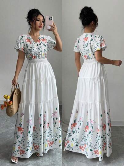 Chiquease Elegant V-Neck Short Sleeve Elastic Waist White Floral Print Dress With Flared Hem, For Women, Spring/Summer