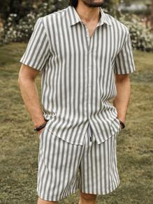 Manfinity Homme Men's Striped Short Sleeve Single-Breasted Shirt And Shorts Set - Beige - View 4