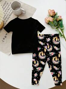 SHEIN Leap Crew Baby Girl Black Summer Casual Birthday Islamic Set,Star,Moon,Floral Print Muslim Family Set Gift,Snug Fit Round Neck Short Sleeve Pants Homewear - Multicolor - View 3