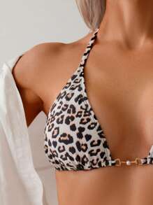 Swim Vcay Women Leopard Print Halter Tie Front Sexy Bikini Swimsuit Set, Summer Beach - Multicolor - View 3