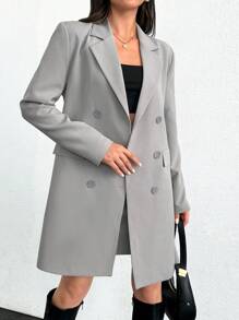 SHEIN Tall Double-Breasted Suit Jacket And Skirt Set - Grey - View 5