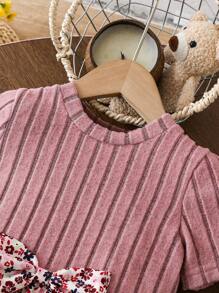 Young Girl Casual Ditsy Floral Ribbed Long Sleeve Dress - Dusty Pink - View 6