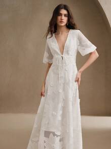 Anewsta Women Floral Embellished Mid-Sleeve Midi Dress, Deep V-Neck Tie Waist, Elegant And Versatile For Casual, Vacation, Graduation, Spring, Summer - White - View 7