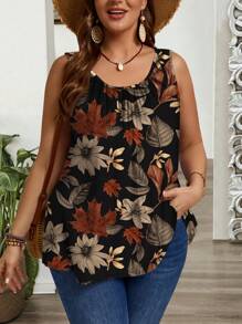 EMERY ROSE Camiseta de tirantes holgada con estampado de hojas y flores en estilo minimalista, adecuada para talla grande, primavera/verano y salidas, vacaciones - Multicolor - Ver 3
