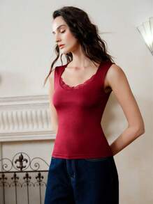 SHEIN LUNE Women Casual Elegant Floral Lace Patchwork Stretchy Sleeveless Camisole - Burgundy - View 4