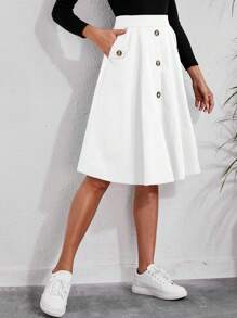 SHEIN Clasi Casual Front Button Mid-Length A-Line Skirt - White - View 7