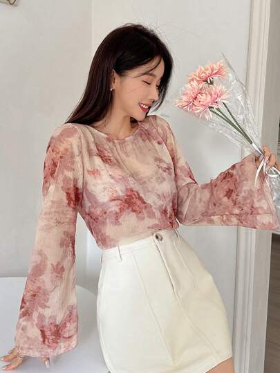 DAZY Textured Floral Print Flared Sleeve Casual Blouse Top, Spring & Summer, For Women Sheer Long Sleeve Top