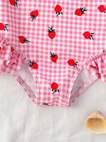 1pc Girls' Strawberry Gingham Print Ruffle Trim One-Piece Swimsuit - Pink - View 5