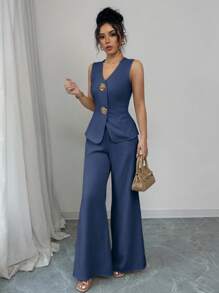 Selianne Bộ đồ vest công sở thanh lịch cổ chữ V màu trơn và quần ống rộng thường ngày cho quý cô - Màu xanh hải quân - Xem 3