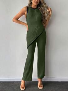 SHEIN 2pcs Maternity Contrast Trim Ribbed Sleeveless Top And Pants Set - Army Green - View 3