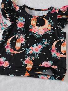 SHEIN Camiseta casual simple de cuello redondo y manga corta con estampado de personajes para niña - Multicolor - Ver 8