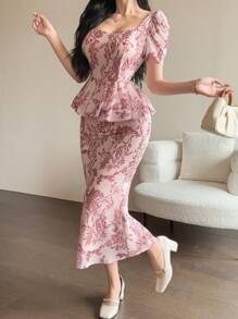 DAZY Women 2 Pieces Set: Floral Print Ruffle Hem Shirt And Skirt - Pink - View 1