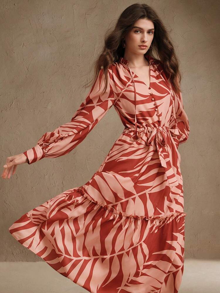 Red Print Cinched Cinched Waist Cuff V-Neck Lightweight Flowy Dress, Suitable For Spring/Festival/Vacation/Holiday
