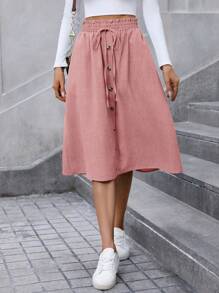 SHEIN LUNE Plus Size Women Blue Denim Effect Ruffle Hem Midi Length Loose Fit Skirt, Autumn - Pink - View 6