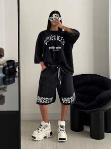 StreetHx Street Style Women Vintage Washed Loose Sports Printed 2 Pieces Set - Grey - View 4