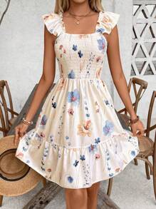 Breezaya 女式花卉印花休闲直筒连衣裙，配有飘袖，度假海滩装 - 杏色 - 查看 4