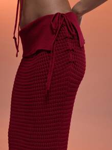 MUSERA Crochet Fold Over Waist Tie Detail Fitted Maxi Skirt Summer Holiday Sexy Ibiza Fits Spring Vacation Beach Night Out Fall Autumn Winter Date Night  Chic