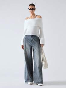 LYSMO 女士纯色露肩长袖侧拉链设计挂脖休闲毛衣，秋冬