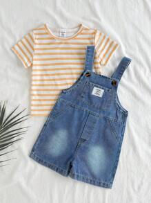 Vintaside Kids Baby Jungen Sommer Rundhals Kurzarm gestreiftes Lässig T-Shirt kombiniert mit Jeans-Latzhosen, geeignet für den Alltag, Lässig, Outdoor-Aktivitäten und Veranstaltungen. Das einfache und bequeme Design verleiht eine entspannte, stilvolle Erscheinung.