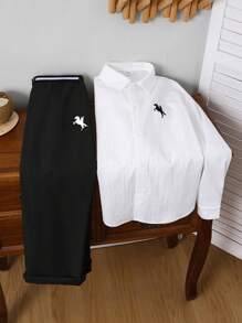 SHEIN 2pcs Kids Tween Boy Casual Daily Printed Collar Button Down Loose Long Sleeve Solid Color Shirt And Loose Straight Pants Suit Set, Suitable For School, Garden, Beach, Birthday, Spring, Summer, Autumn, Winter