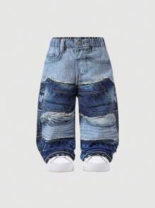 SHEIN Baby Jungen Straßen coole Baumwolle bedruckte, locker geschnittene gerade geschnittene blaue Jeans, Baby Frühlings-/Sommer Kleidung Streetwear Outfits
