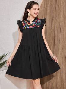 SHEIN Leap Crew Váy chữ A bằng vải voan in hoa cạp chun có viền xếp nếp cho bé gái tuổi teen, phong cách nghỉ dưỡng thường ngày, mùa xuân/hè - màu đen - Xem 5