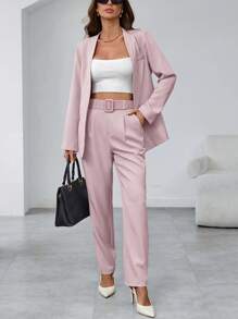 SHEIN Unity 女士休闲纯色西装外套和裤子两件套 - 淺粉色 - 查看 6
