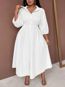 Maweii 加大码纯色衬衫领前纽扣中长袖褶皱休闲中长连衣裙长款女装