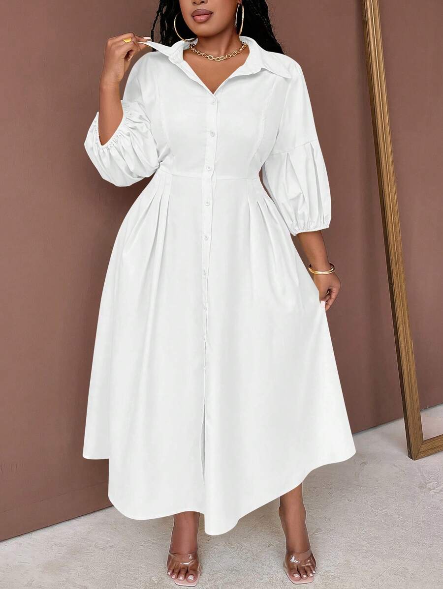 Maweii 加大码纯色衬衫领前纽扣中长袖褶皱休闲中长连衣裙长款女装
