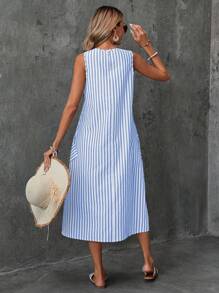 EMERY ROSE Vestido de algodón con cuello redondo, de rayas tejido, con doble bolsillo, bajo en línea A, para verano