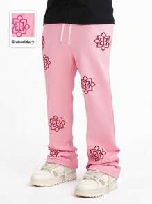 ROMWE MEN Street Life Men's Casual Floral Embroidered Drawstring Flared Sweatpants - Pink - View 1