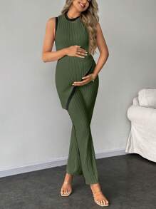 SHEIN 2pcs Maternity Contrast Trim Ribbed Sleeveless Top And Pants Set - Army Green - View 7