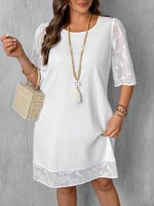 SHEIN LUNE Vestido elegante y minimalista con recortes y patchwork para mujer de talla grande, de cuello redondo y sin mangas - Blanco - Ver 4