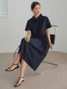 Dazy-Less Robe d'été mi-longue décontractée en lin à manches courtes, taille cintrée, couleur unie, style "Old Money", robe chemise décontractée pour femmes, tenue de professeur - Bleu marine - Voir 4