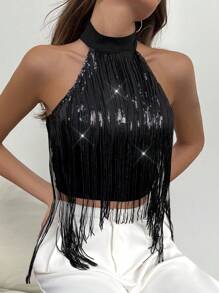 Firerie Women's Elegant Party Sexy Tassel Top - Black - View 5